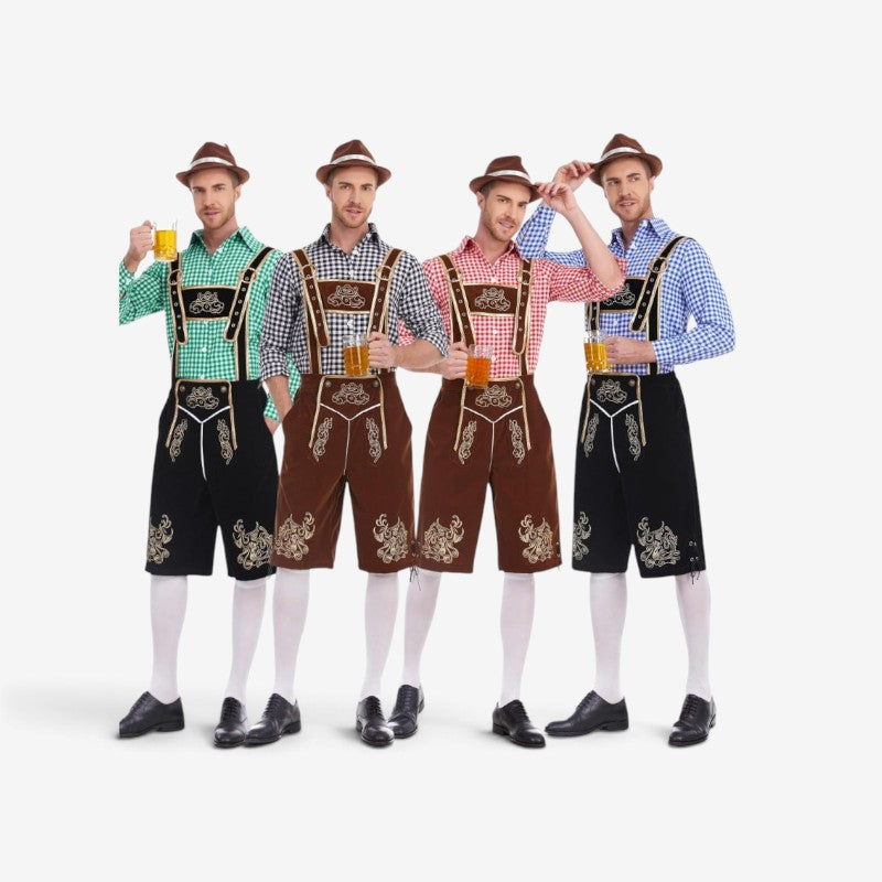 Set Men - Bavarian Oktoberfest Outfit with Gingham Shirt, Knee Shorts and Felt Hat