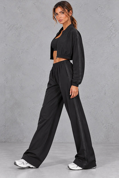 Set Women - Cropped Zip-Up Jacket and Wide Leg Trousers