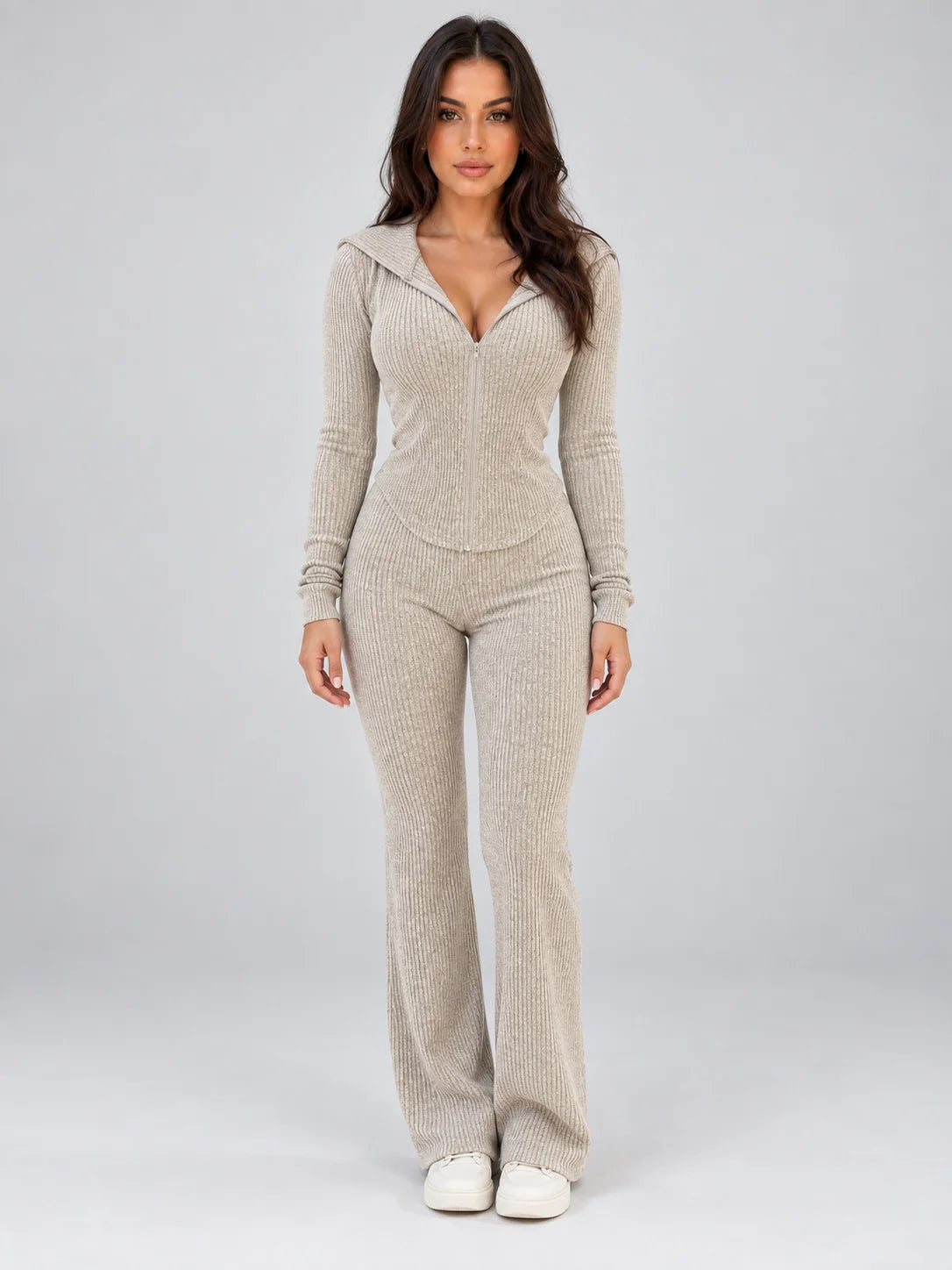 Set Women - Hooded Ribbed Knit with Zip Top and Flared Trousers