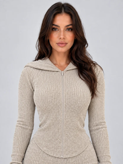 Set Women - Hooded Ribbed Knit with Zip Top and Flared Trousers