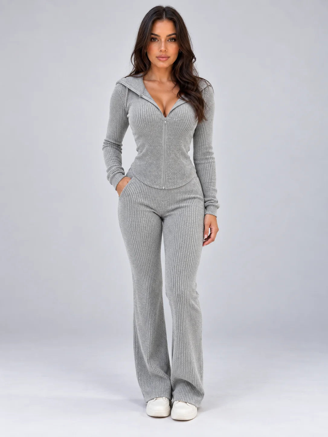 Set Women - Hooded Ribbed Knit with Zip Top and Flared Trousers