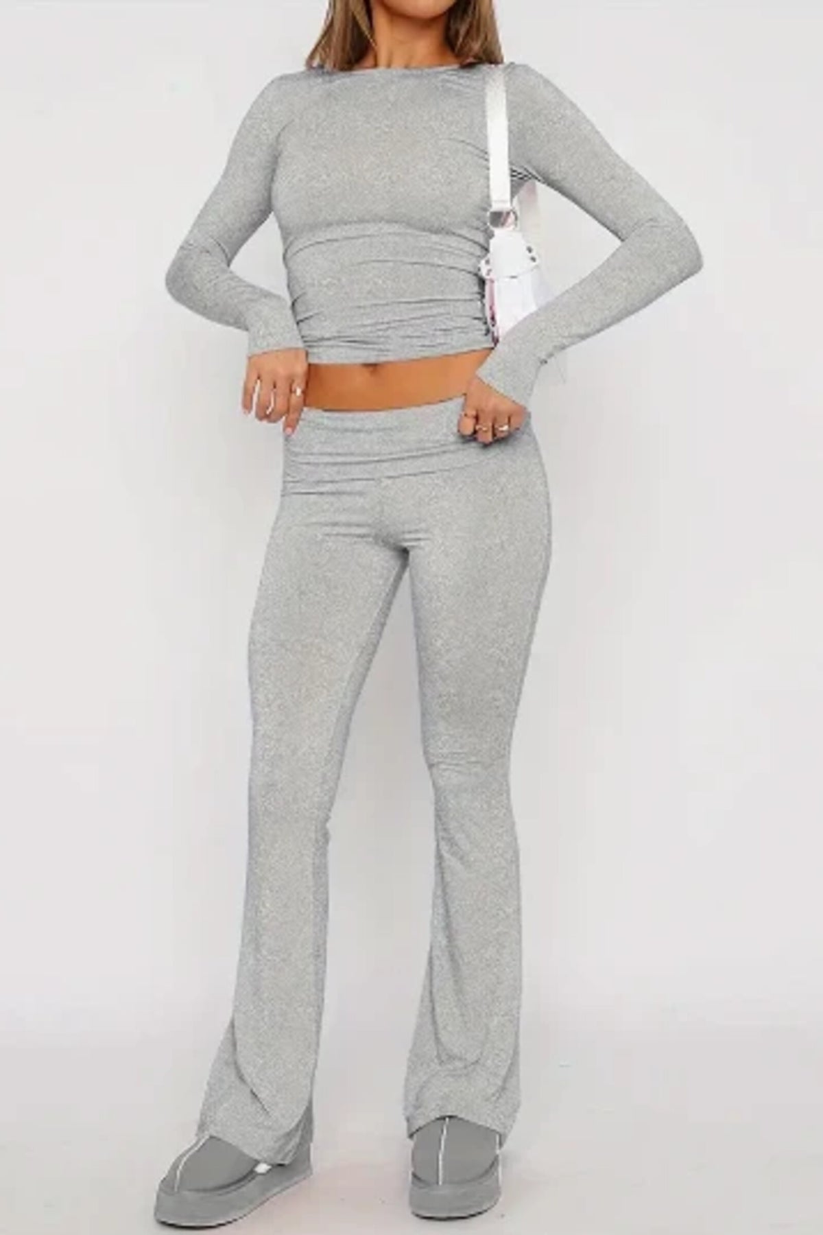 Set Women - Long Sleeve Crop Top and Flared Trousers