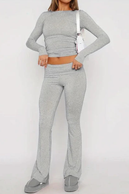 Set Women - Long Sleeve Crop Top and Flared Trousers