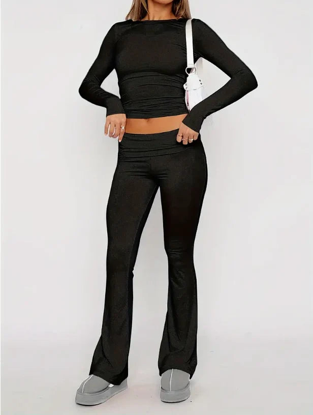 Set Women - Long Sleeve Crop Top and Flared Trousers