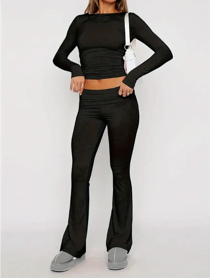 Set Women - Long Sleeve Crop Top and Flared Trousers