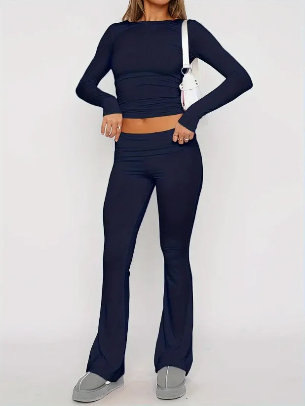Set Women - Long Sleeve Crop Top and Flared Trousers