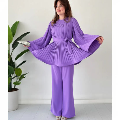 Set Women - Pleated Two-Piece with Wide Leg Trousers