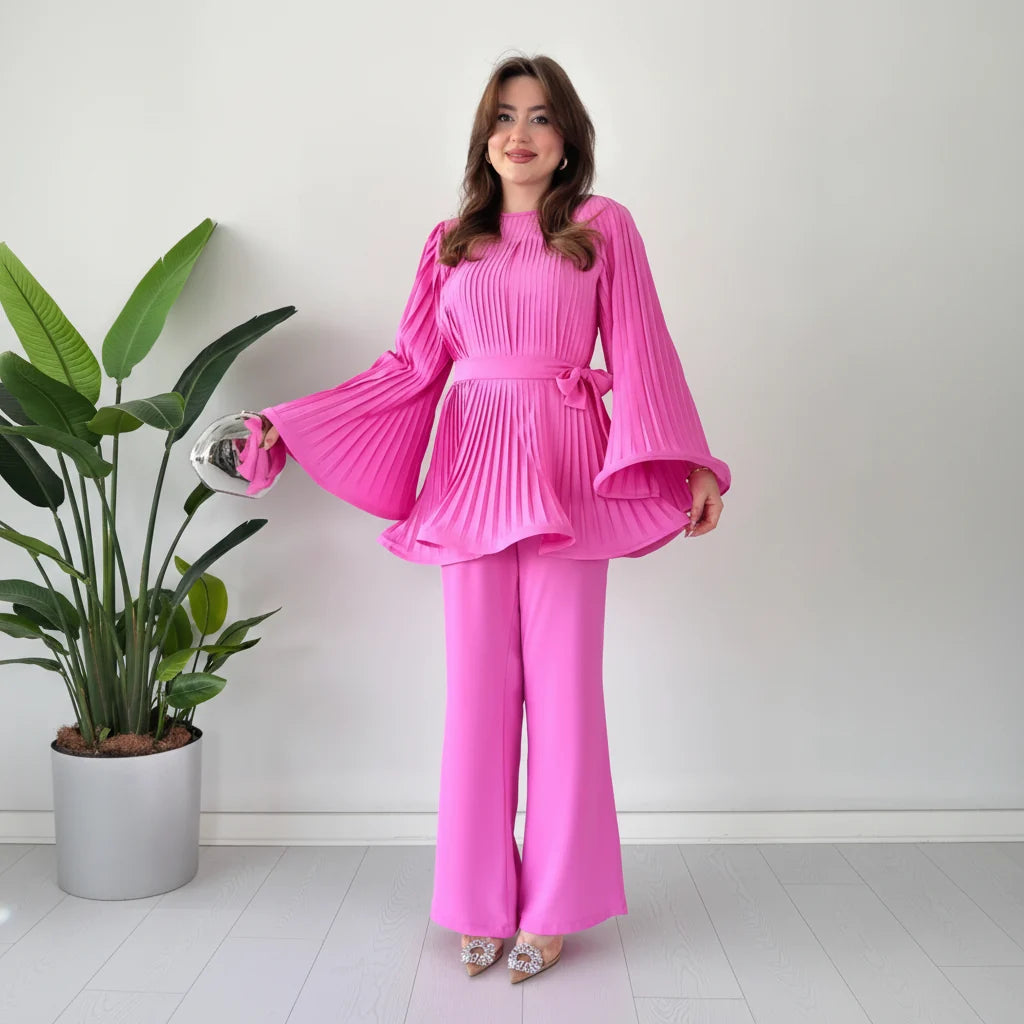 Set Women - Pleated Two-Piece with Wide Leg Trousers