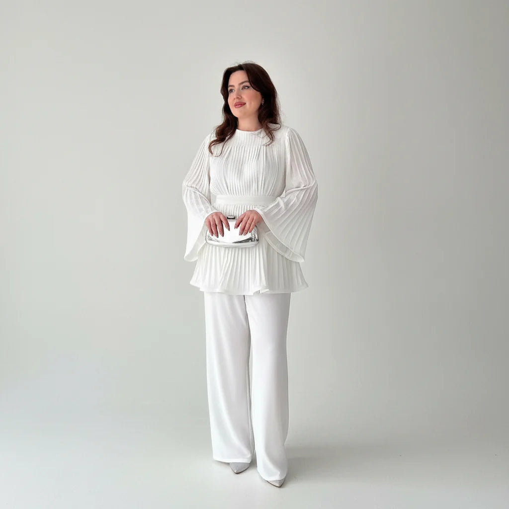 Set Women - Pleated Two-Piece with Wide Leg Trousers