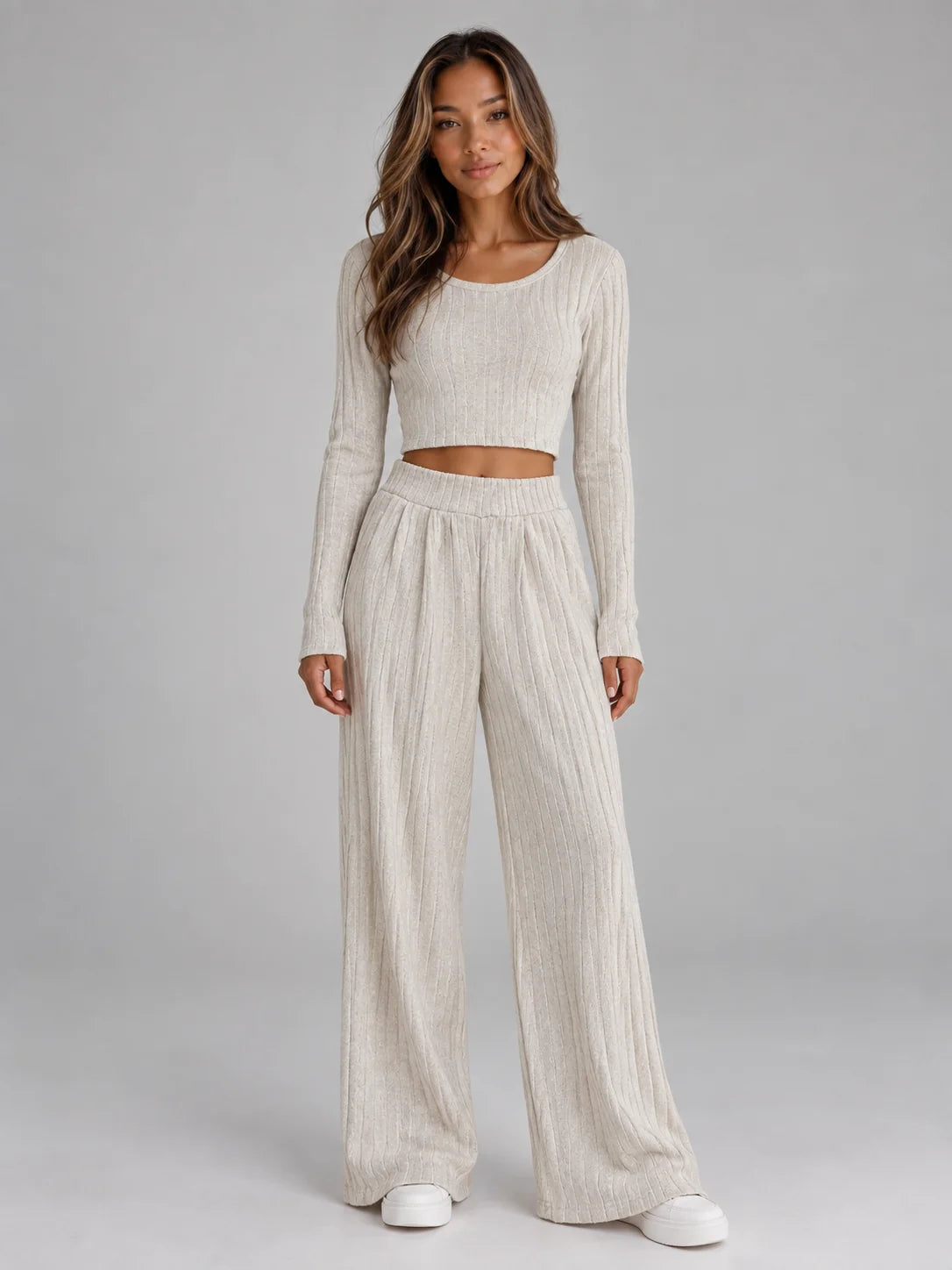 Set Women - Ribbed Knit Co-Ord Cropped Top and Trousers