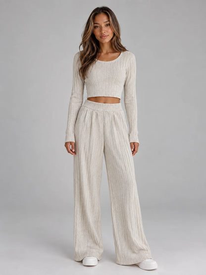 Set Women - Ribbed Knit Co-Ord Cropped Top and Trousers