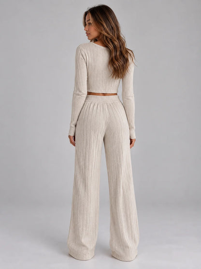 Set Women - Ribbed Knit Co-Ord Cropped Top and Trousers