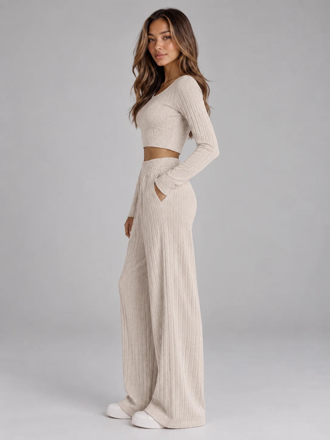 Set Women - Ribbed Knit Co-Ord Cropped Top and Trousers