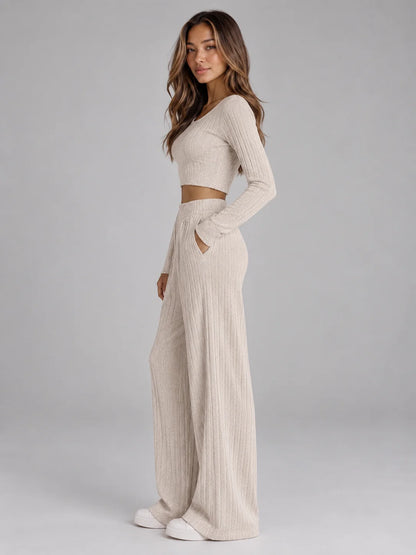 Set Women - Ribbed Knit Co-Ord Cropped Top and Trousers