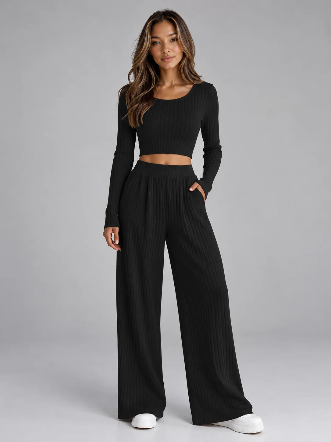 Set Women - Ribbed Knit Co-Ord Cropped Top and Trousers