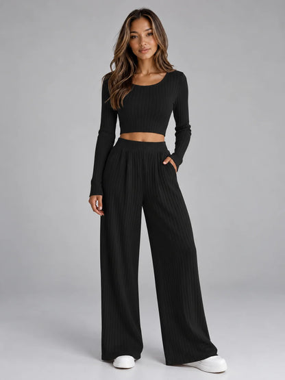 Set Women - Ribbed Knit Co-Ord Cropped Top and Trousers