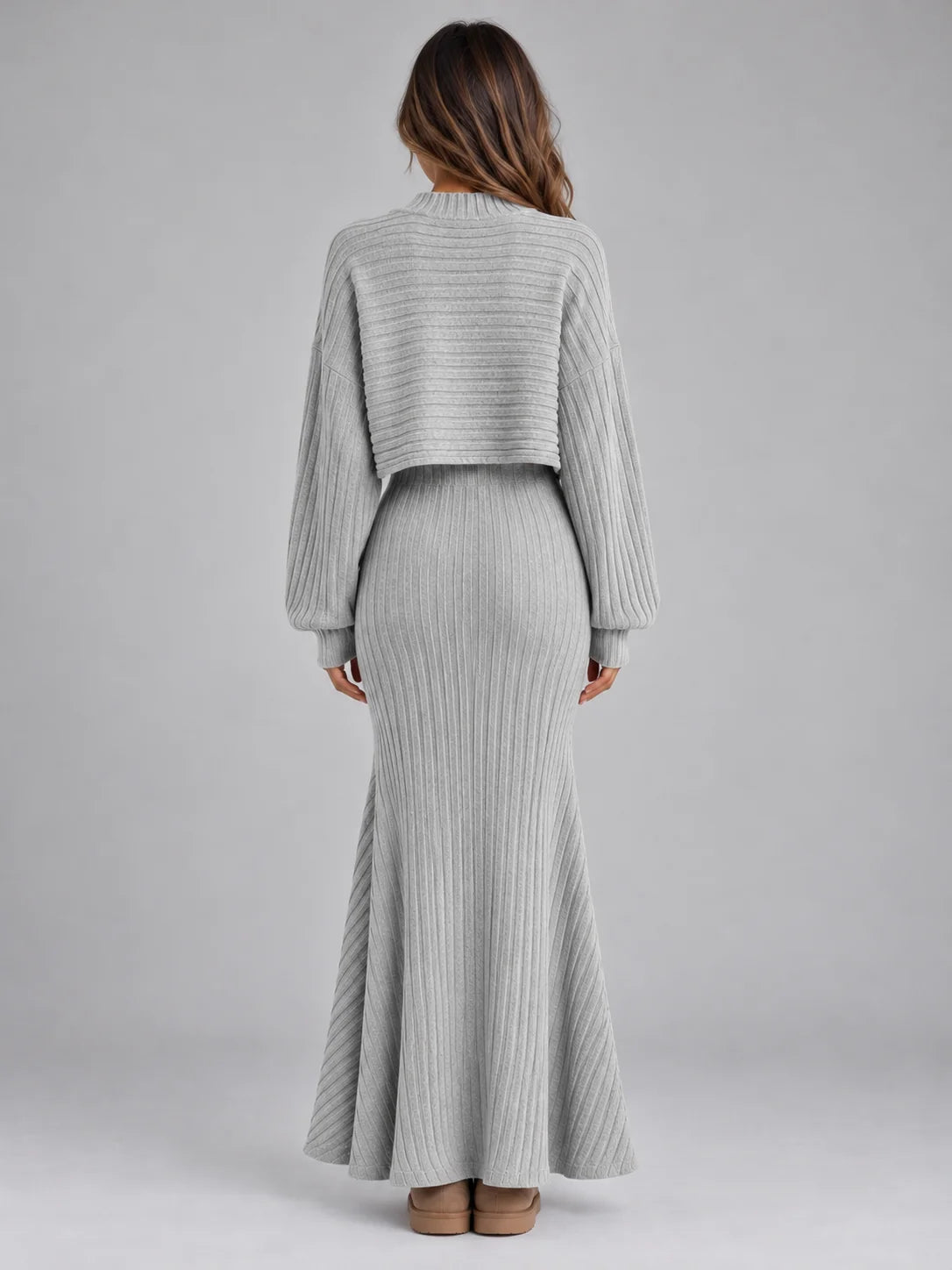 Set Women - Ribbed Knit Cropped Jumper and Maxi Skirt