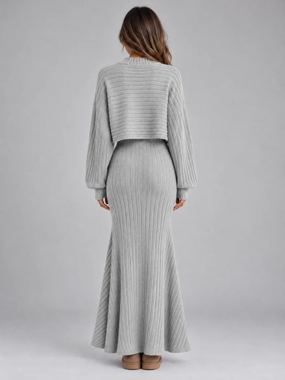 Set Women - Ribbed Knit Cropped Jumper and Maxi Skirt
