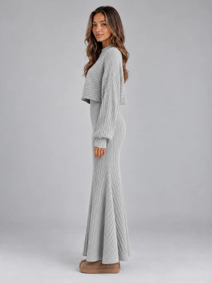 Set Women - Ribbed Knit Cropped Jumper and Maxi Skirt