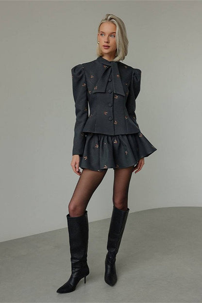 Set Women - Two-Piece Bow Print Outfit with Puff Shoulders and Flared Mini Skirt