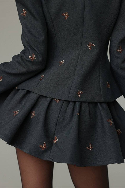 Set Women - Two-Piece Bow Print Outfit with Puff Shoulders and Flared Mini Skirt