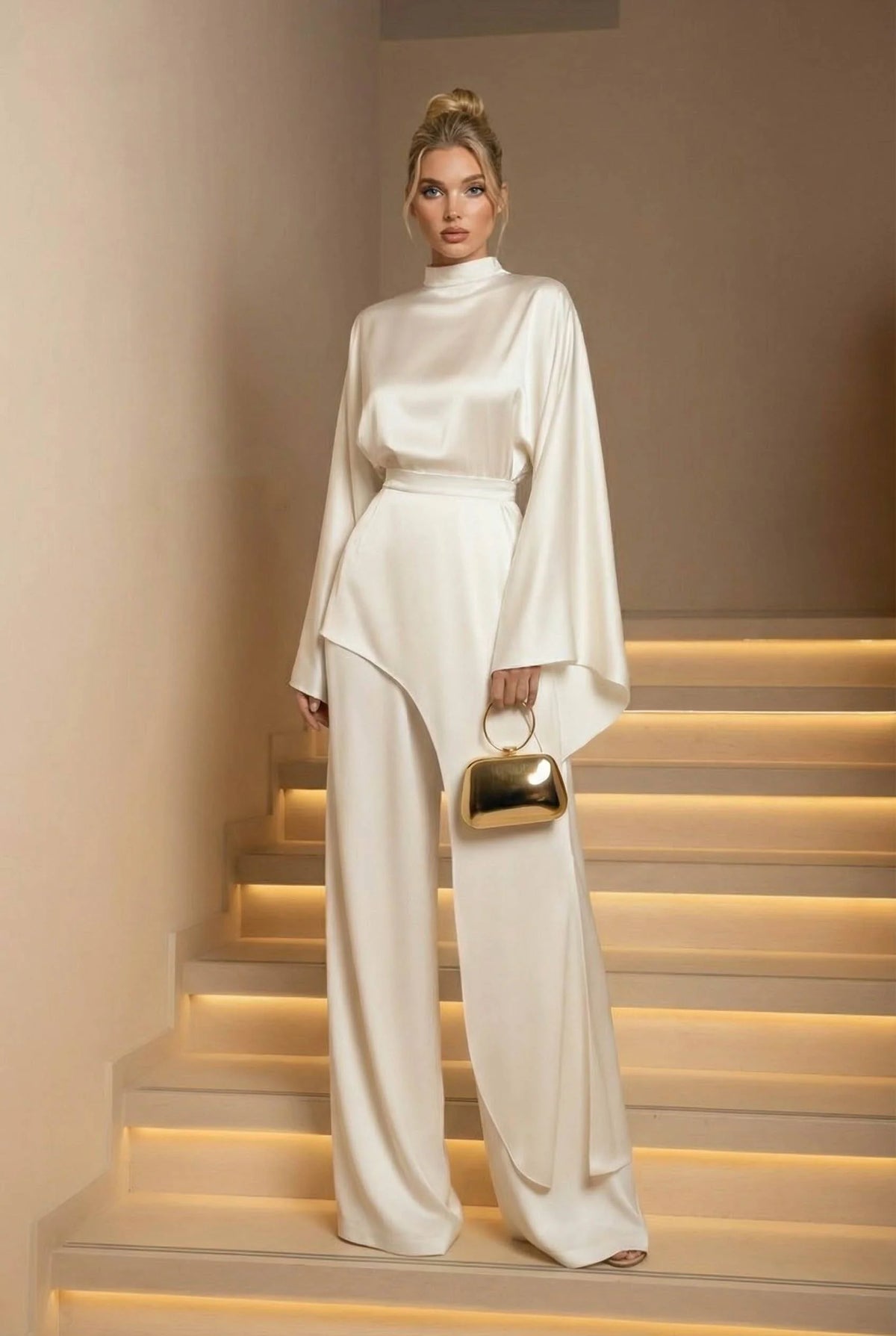 Set Women - Two-Piece Satin Evening Outfit with High Neck Top and Wide Leg Trousers
