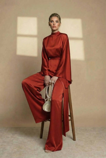 Set Women - Two-Piece Satin Evening Outfit with High Neck Top and Wide Leg Trousers