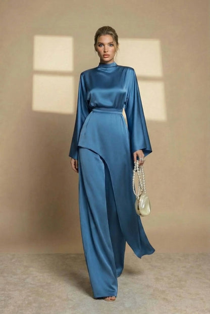 Set Women - Two-Piece Satin Evening Outfit with High Neck Top and Wide Leg Trousers