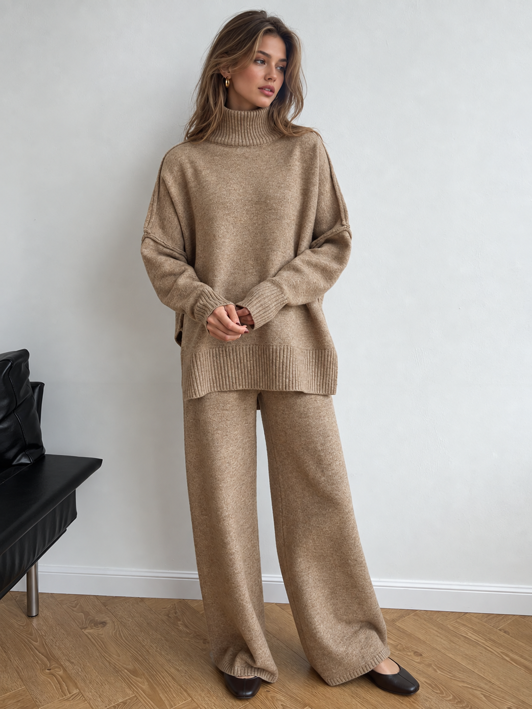 Set Women - Two-Piece Turtleneck Knit Outfit with Wide Leg Trousers