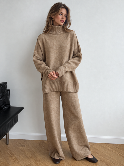 Set Women - Two-Piece Turtleneck Knit Outfit with Wide Leg Trousers