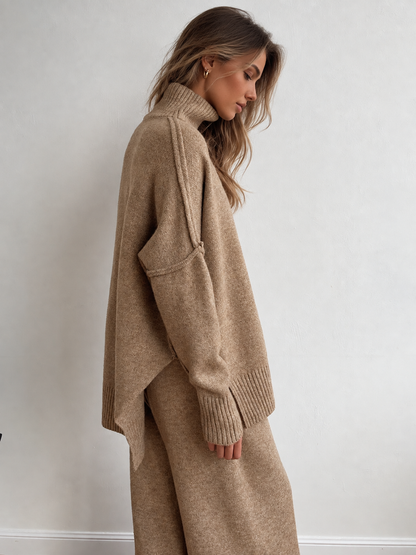 Set Women - Two-Piece Turtleneck Knit Outfit with Wide Leg Trousers