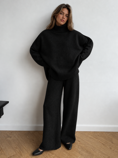 Set Women - Two-Piece Turtleneck Knit Outfit with Wide Leg Trousers