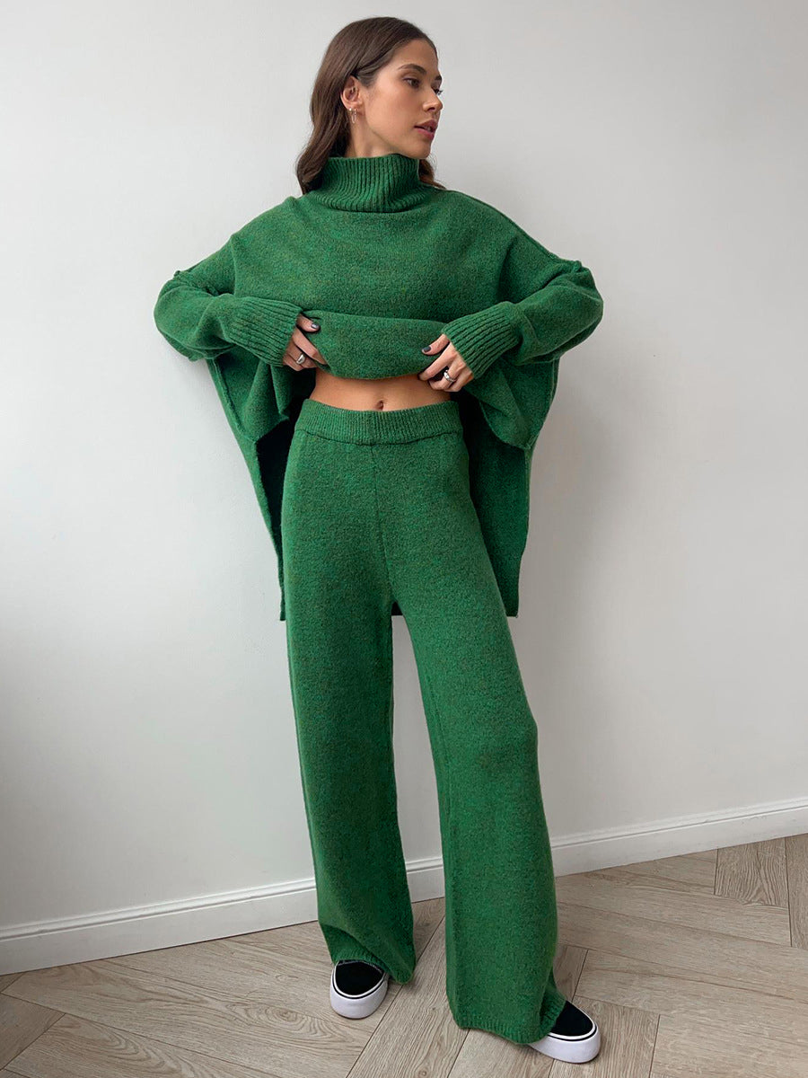 Set Women - Two-Piece Turtleneck Knit Outfit with Wide Leg Trousers