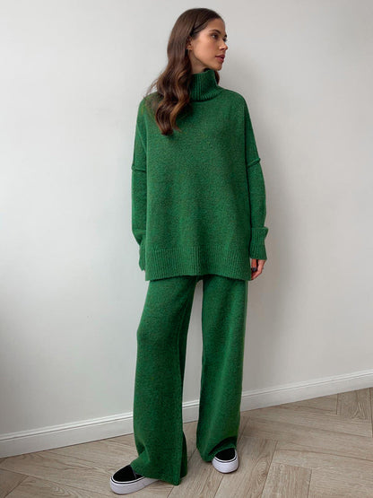 Set Women - Two-Piece Turtleneck Knit Outfit with Wide Leg Trousers