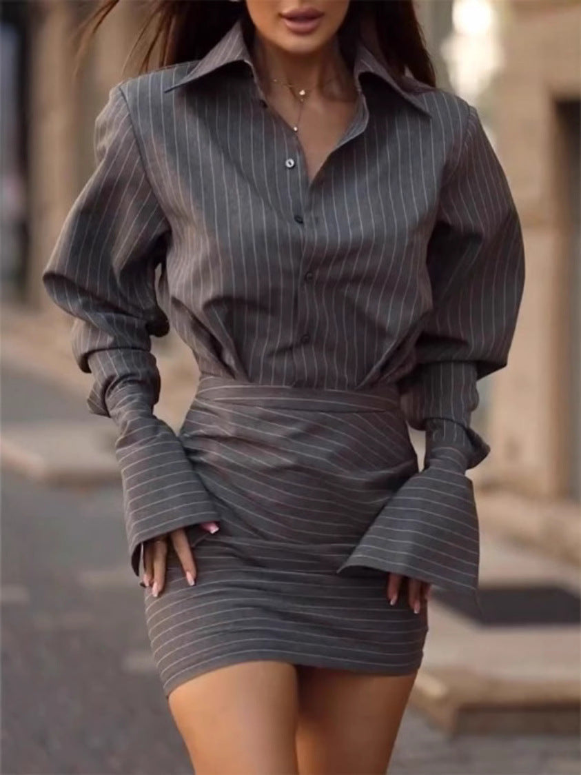 Shirt Dress Women - Pinstripe Shirt Dress with Collar and Button Front