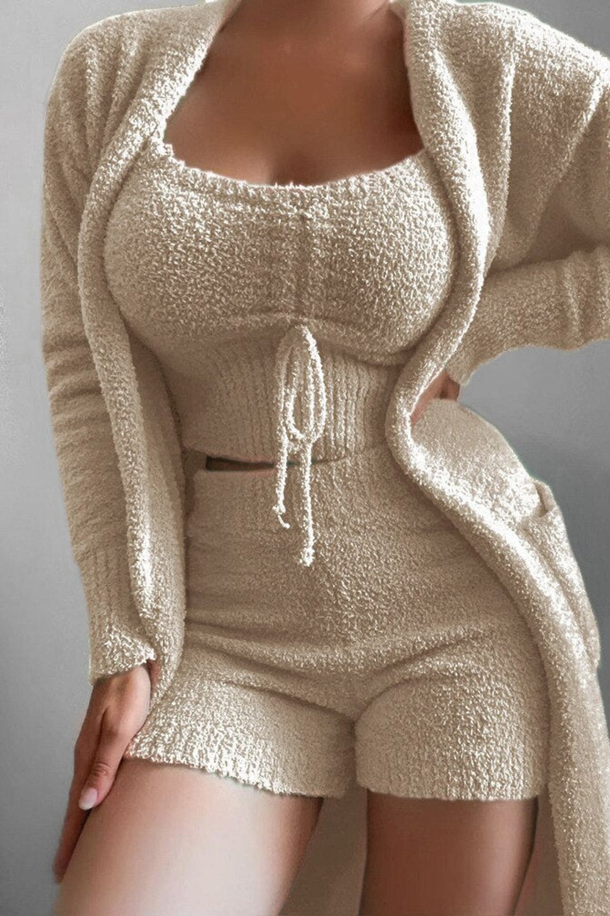 Shorts Women - Three-Piece Textured Lounge Set with Vest Cami