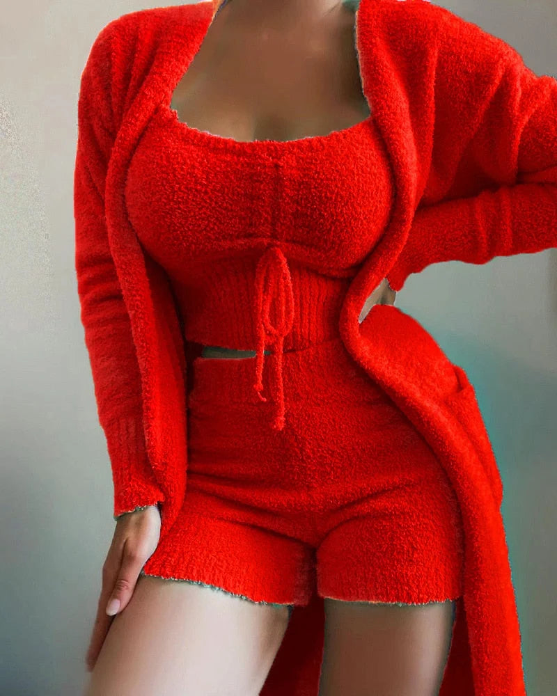 Shorts Women - Three-Piece Textured Lounge Set with Vest Cami