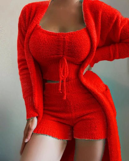 Shorts Women - Three-Piece Textured Lounge Set with Vest Cami