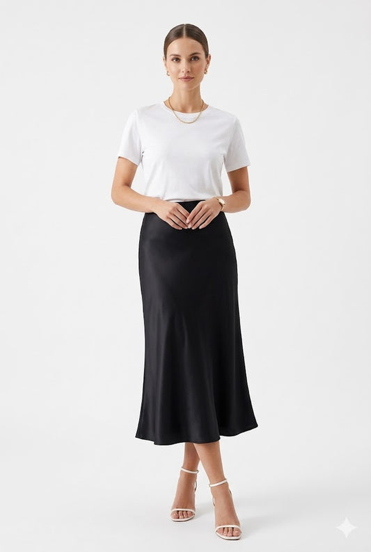 Skirt Women - Satin Midi Skirt with High Waist