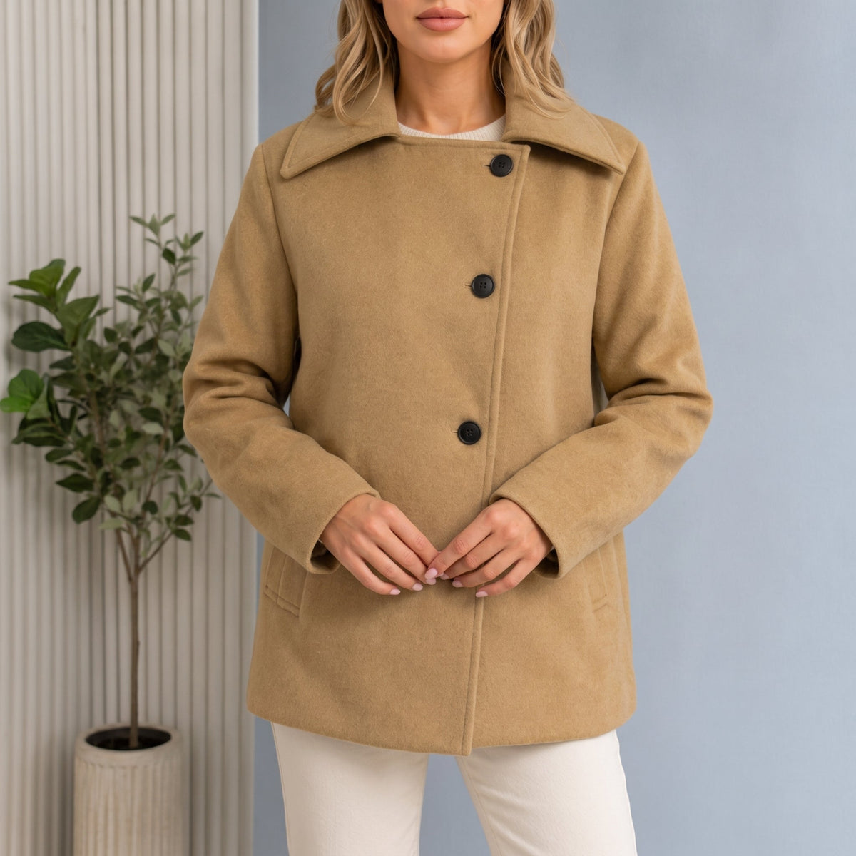 Coat Women - Oversized Cocoon Coat with Notch Collar