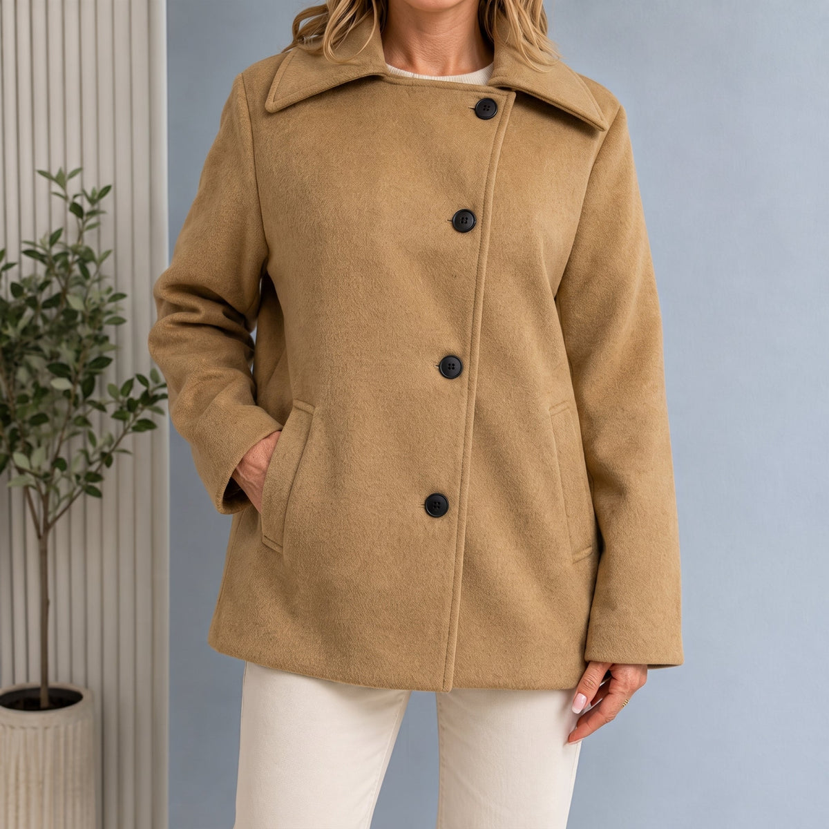 Coat Women - Oversized Cocoon Coat with Notch Collar