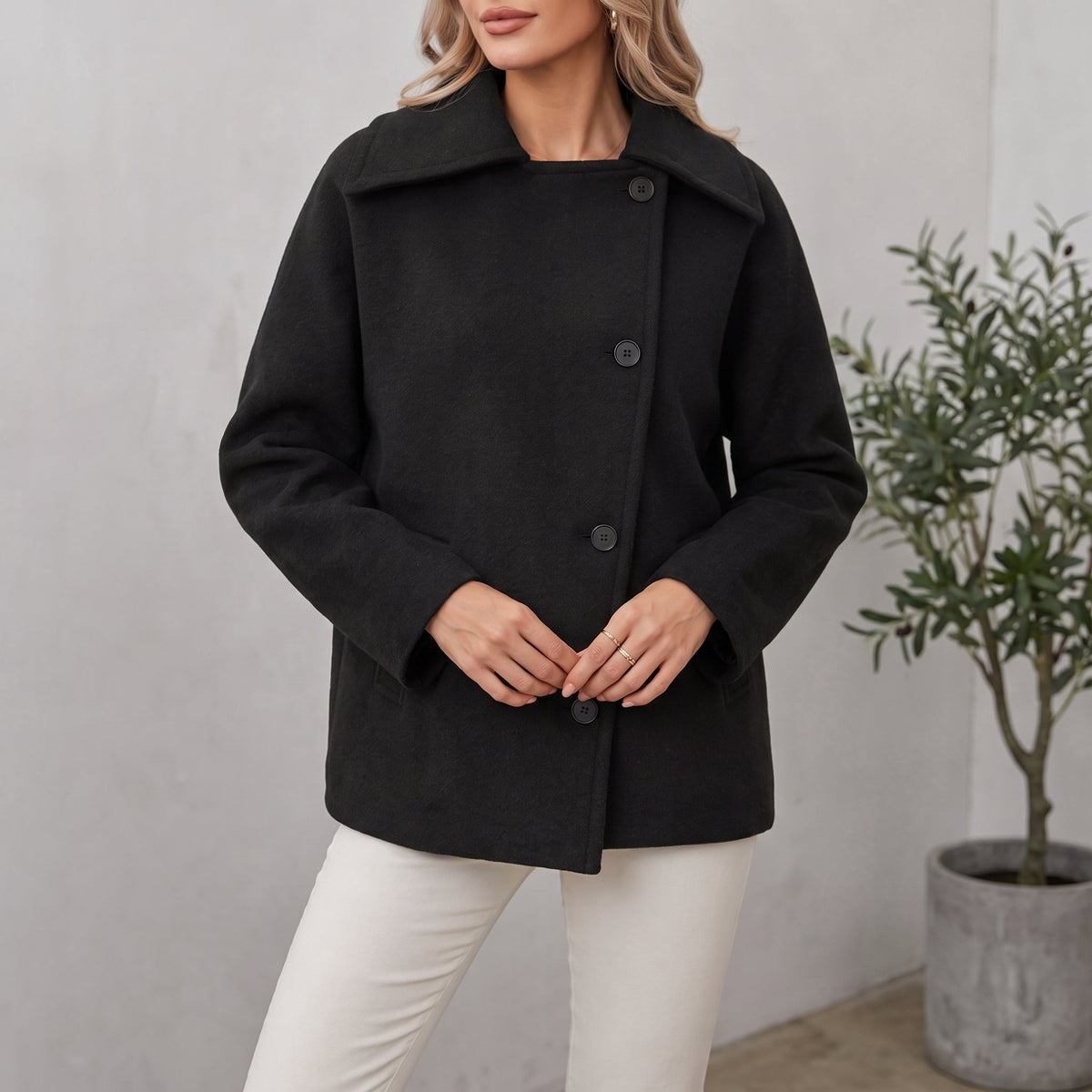 Coat Women - Oversized Cocoon Coat with Notch Collar