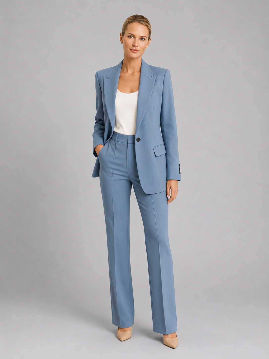 Suit Women - Two-Piece Single-Button Blazer and High Rise Straight Trousers