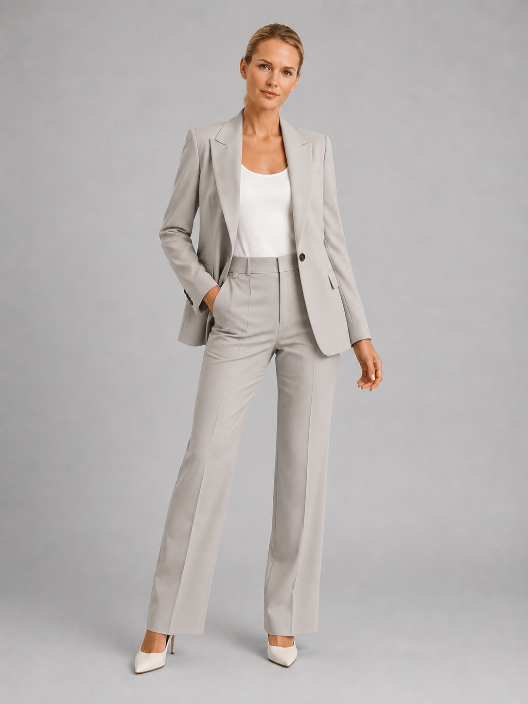Suit Women - Two-Piece Single-Button Blazer and High Rise Straight Trousers