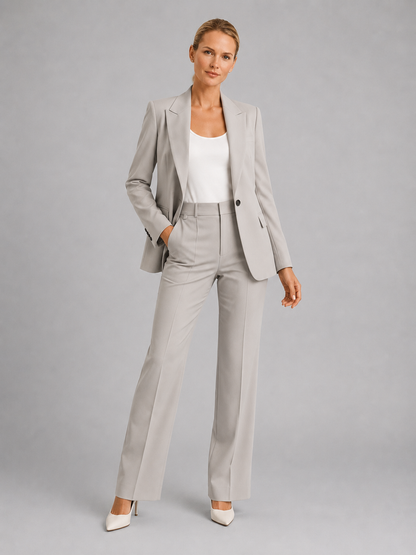 Suit Women - Two-Piece Single-Button Blazer and High Rise Straight Trousers