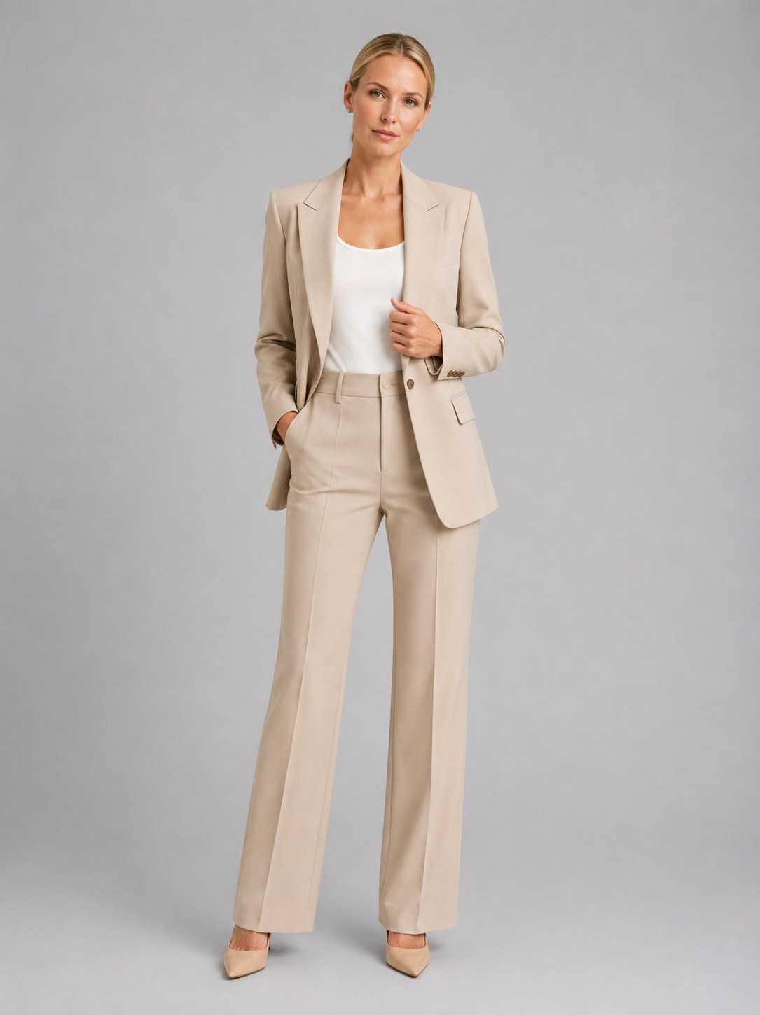 Suit Women - Two-Piece Single-Button Blazer and High Rise Straight Trousers