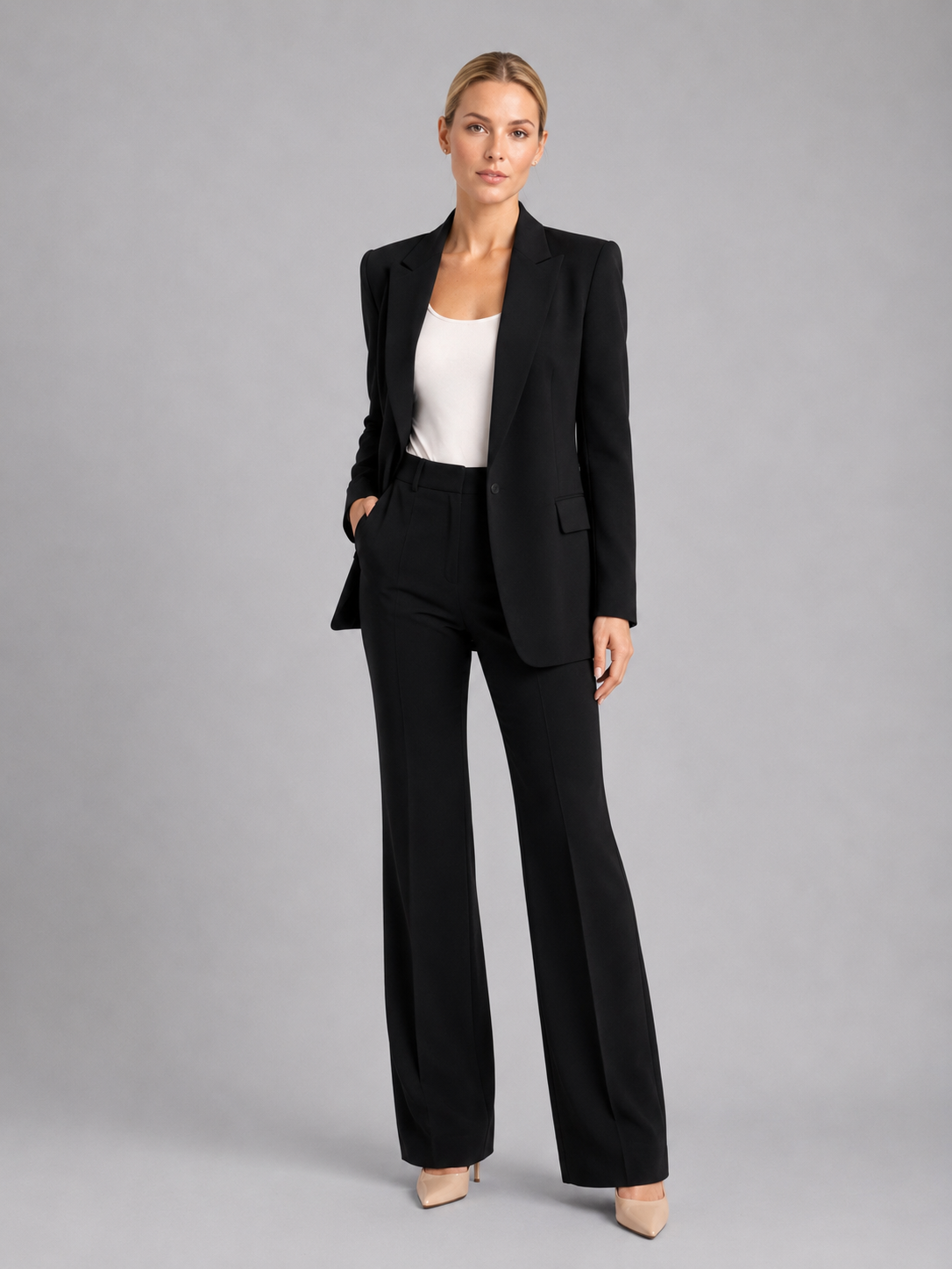 Suit Women - Two-Piece Single-Button Blazer and High Rise Straight Trousers