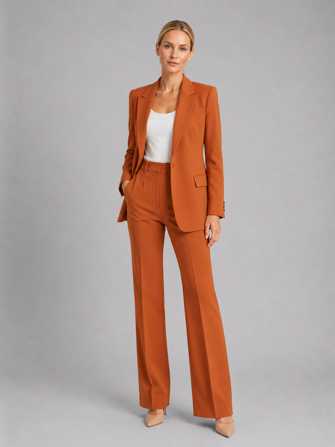 Suit Women - Two-Piece Single-Button Blazer and High Rise Straight Trousers