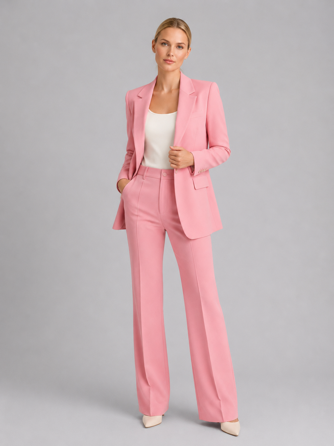 Suit Women - Two-Piece Single-Button Blazer and High Rise Straight Trousers