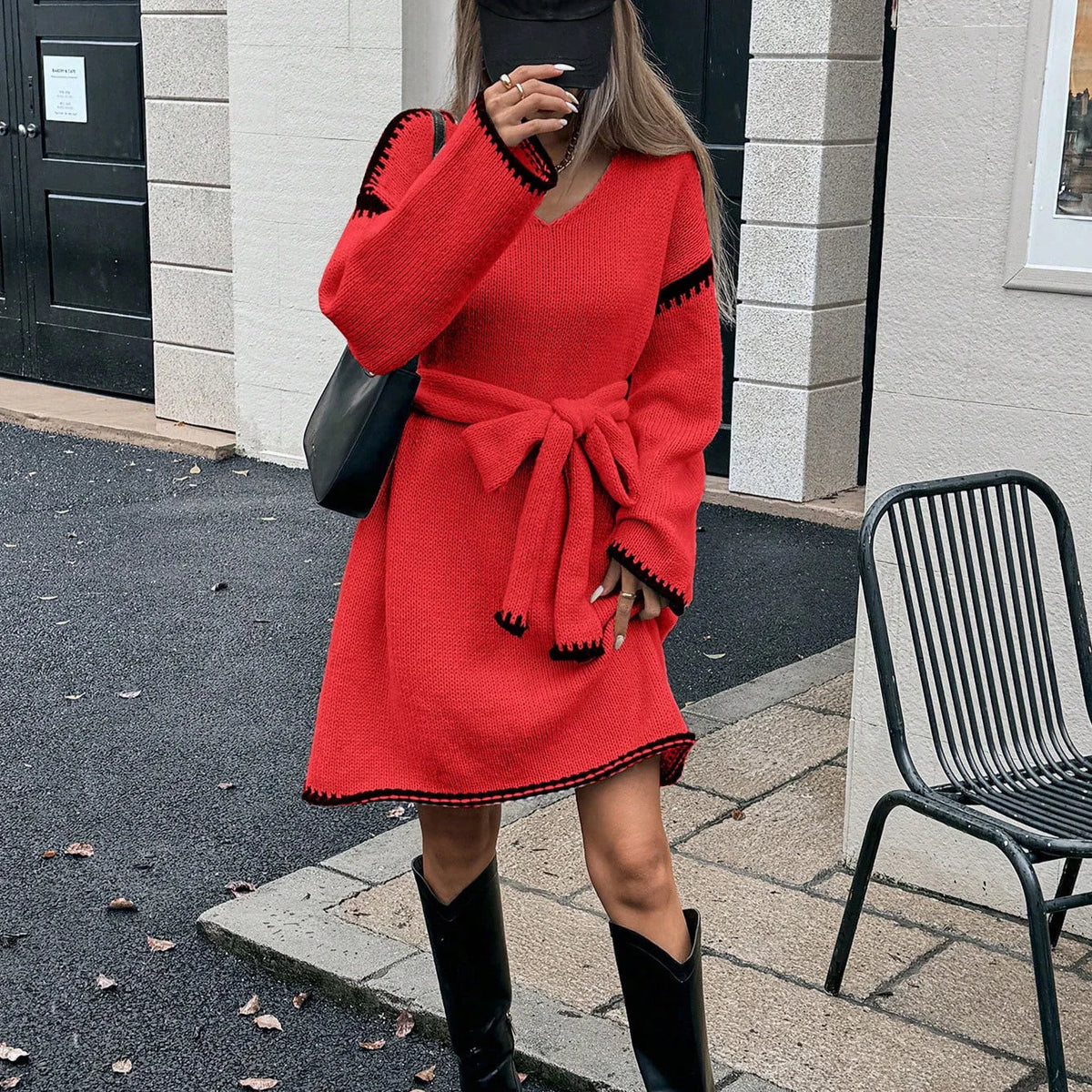 Sweater Dress Women - Belted V-Neck with Long Sleeves